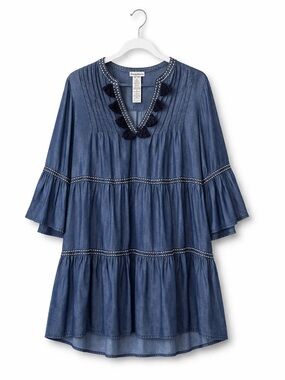 Tommy Bahama Tencel Dress Cover Up Navy Blue Tassel Boho High Low Tunic XS